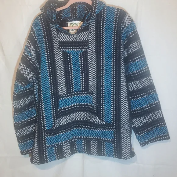 BAJA JOE Unisex XL Poncho Hoodie Knit Hippie Sweater Kangaroo Pocket Surfer Blue - Picture 2 of 4